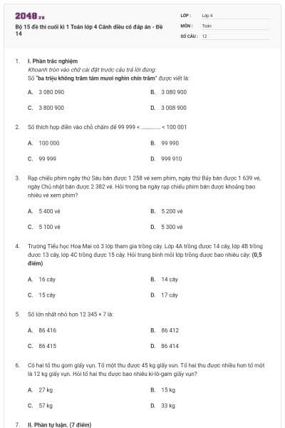 Bộ 15 đề thi cuối kì 1 Toán lớp 4 Cánh diều có đáp án - Đề 14