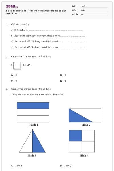 Bộ 15 đề thi cuối kì 1 Toán lớp 3 Chân trời sáng tạo có đáp án - Đề 14