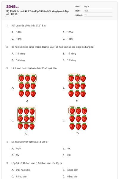 Bộ 15 đề thi cuối kì 1 Toán lớp 3 Chân trời sáng tạo có đáp án - Đề 15