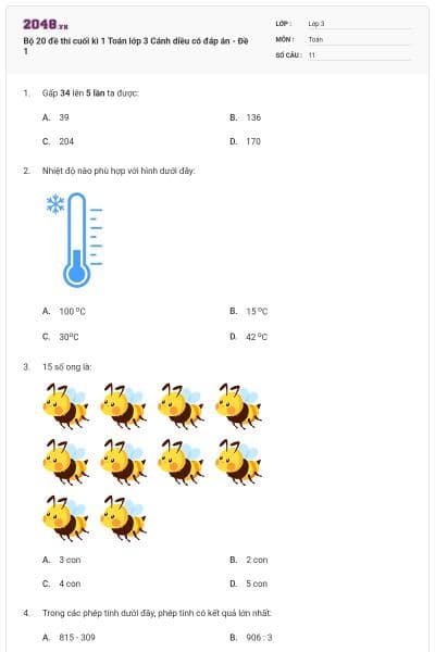 Bộ 20 đề thi cuối kì 1 Toán lớp 3 Cánh diều có đáp án - Đề 1