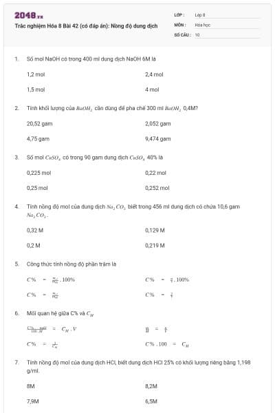 Trắc nghiệm Hóa 8 Bài 42 (có đáp án): Nồng độ dung dịch