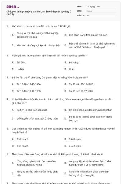 Đề luyện thi thpt quốc gia môn Lịch Sử có đáp án cực hay ( Đề 25)