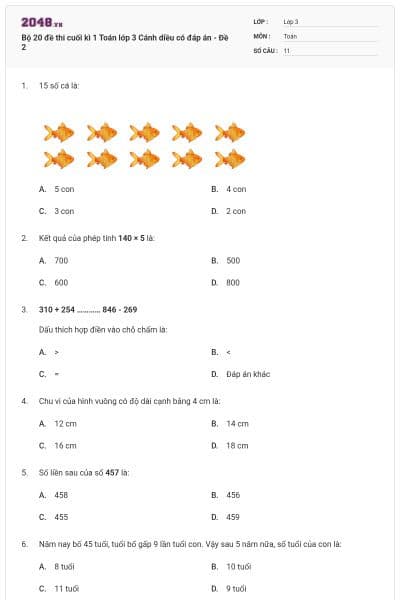 Bộ 20 đề thi cuối kì 1 Toán lớp 3 Cánh diều có đáp án - Đề 2