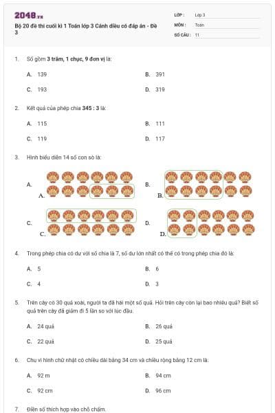 Bộ 20 đề thi cuối kì 1 Toán lớp 3 Cánh diều có đáp án - Đề 3