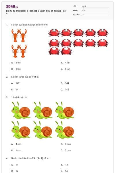 Bộ 20 đề thi cuối kì 1 Toán lớp 3 Cánh diều có đáp án - Đề 4