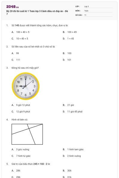 Bộ 20 đề thi cuối kì 1 Toán lớp 3 Cánh diều có đáp án - Đề 7