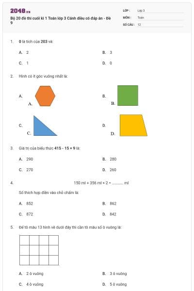 Bộ 20 đề thi cuối kì 1 Toán lớp 3 Cánh diều có đáp án - Đề 9