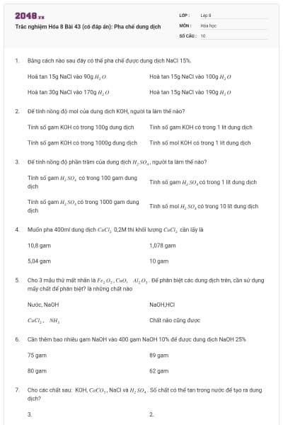 Trắc nghiệm Hóa 8 Bài 43 (có đáp án): Pha chế dung dịch