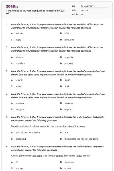 Tổng hợp đề thi thử môn Tiếng Anh có lời giải chi tiết (Đề số 2)