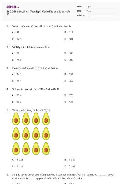 Bộ 20 đề thi cuối kì 1 Toán lớp 3 Cánh diều có đáp án - Đề 12