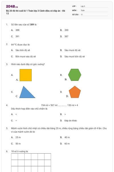 Bộ 20 đề thi cuối kì 1 Toán lớp 3 Cánh diều có đáp án - Đề 13