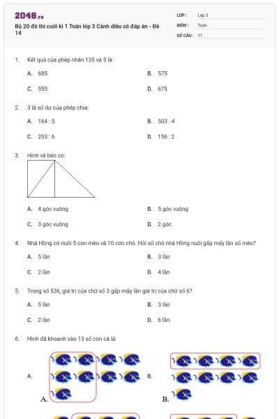 Bộ 20 đề thi cuối kì 1 Toán lớp 3 Cánh diều có đáp án - Đề 14