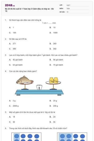 Bộ 20 đề thi cuối kì 1 Toán lớp 3 Cánh diều có đáp án - Đề 16
