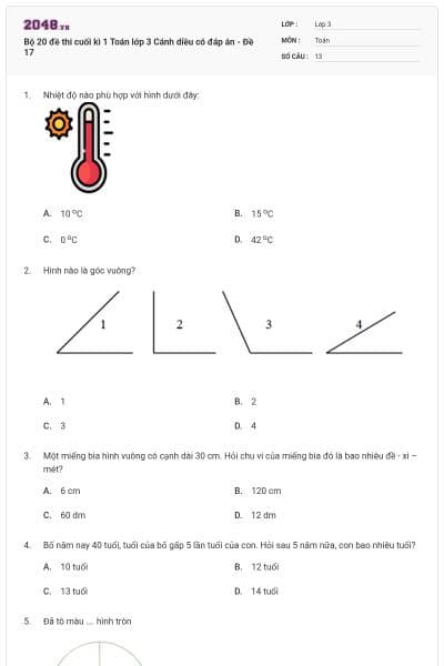 Bộ 20 đề thi cuối kì 1 Toán lớp 3 Cánh diều có đáp án - Đề 17