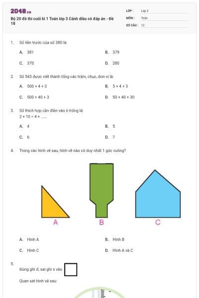 Bộ 20 đề thi cuối kì 1 Toán lớp 3 Cánh diều có đáp án - Đề 18