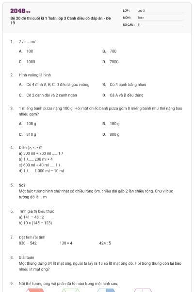 Bộ 20 đề thi cuối kì 1 Toán lớp 3 Cánh diều có đáp án - Đề 19