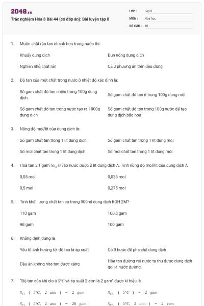 Trắc nghiệm Hóa 8 Bài 44 (có đáp án): Bài luyện tập 8