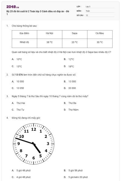 Bộ 25 đề thi cuối kì 2 Toán lớp 3 Cánh diều có đáp án - Đề 1