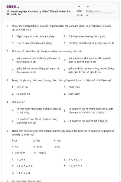 19 câu trắc nghiệm Khoa học tự nhiên 7 Kết nối tri thức Bài 39 có đáp án