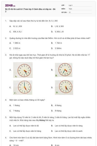 Bộ 25 đề thi cuối kì 2 Toán lớp 3 Cánh diều có đáp án - Đề 2