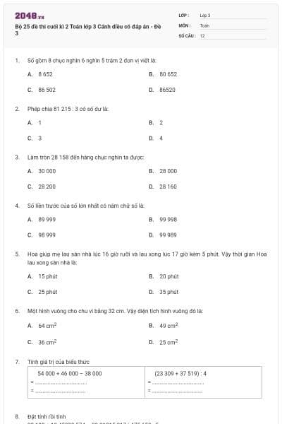 Bộ 25 đề thi cuối kì 2 Toán lớp 3 Cánh diều có đáp án - Đề 3