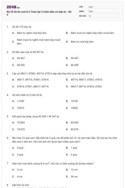Bộ 25 đề thi cuối kì 2 Toán lớp 3 Cánh diều có đáp án - Đề 4