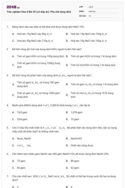 Trắc nghiệm Hóa 8 Bài 43 (có đáp án): Pha chế dung dịch