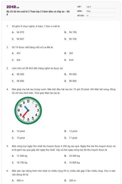 Bộ 25 đề thi cuối kì 2 Toán lớp 3 Cánh diều có đáp án - Đề 8