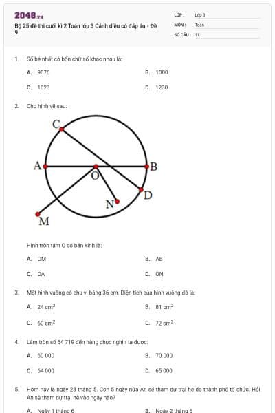 Bộ 25 đề thi cuối kì 2 Toán lớp 3 Cánh diều có đáp án - Đề 9