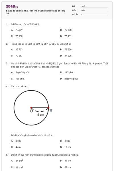 Bộ 25 đề thi cuối kì 2 Toán lớp 3 Cánh diều có đáp án - Đề 10
