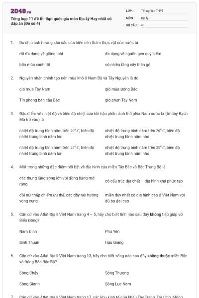 Tổng hợp 11 đề thi thpt quốc gia môn Địa Lý Hay nhất có đáp án (Đề số 4)