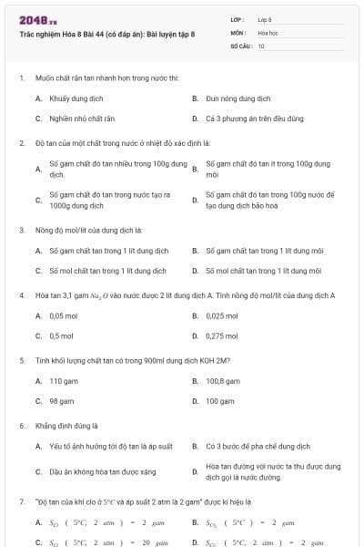 Trắc nghiệm Hóa 8 Bài 44 (có đáp án): Bài luyện tập 8