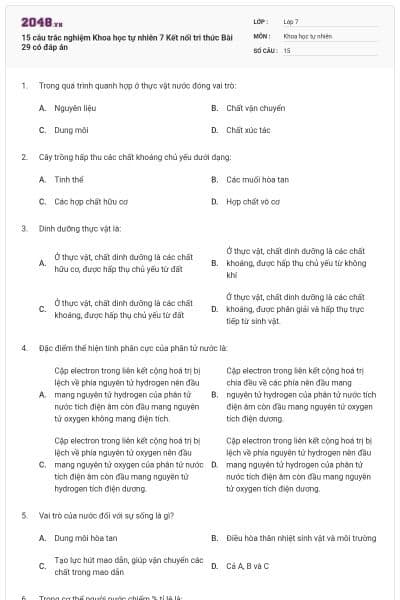15 câu trắc nghiệm Khoa học tự nhiên 7 Kết nối tri thức Bài 29 có đáp án