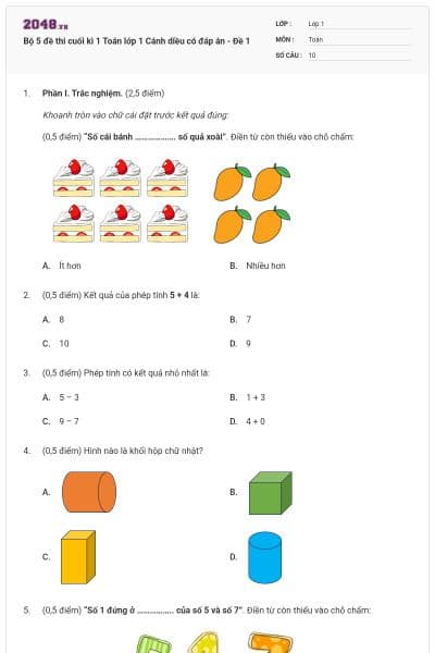Bộ 5 đề thi cuối kì 1 Toán lớp 1 Cánh diều có đáp án - Đề 1