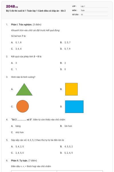 Bộ 5 đề thi cuối kì 1 Toán lớp 1 Cánh diều có đáp án - Đề 2