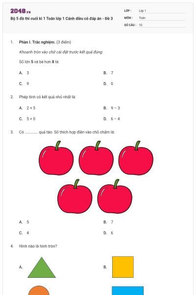 Bộ 5 đề thi cuối kì 1 Toán lớp 1 Cánh diều có đáp án - Đề 3
