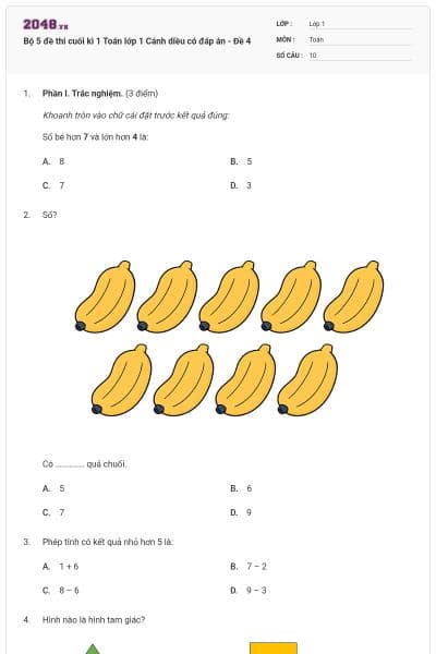 Bộ 5 đề thi cuối kì 1 Toán lớp 1 Cánh diều có đáp án - Đề 4