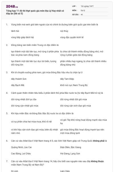 Tổng hợp 11 đề thi thpt quốc gia môn Địa Lý Hay nhất có đáp án (Đề số 5)