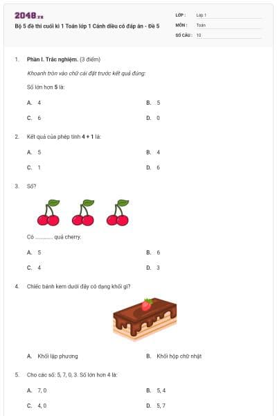 Bộ 5 đề thi cuối kì 1 Toán lớp 1 Cánh diều có đáp án - Đề 5