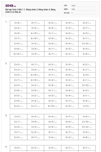 Bài tập Toán 3 Bài 1.1. Bảng nhân 3, Bảng nhân 4, Bảng nhân 6 có đáp án