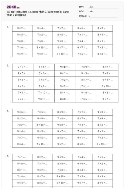 Bài tập Toán 3 Bài 1.2. Bảng nhân 7, Bảng nhân 8, Bảng nhân 9 có đáp án