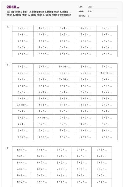 Bài tập Toán 3 Bài 1.3. Bảng nhân 3, Bảng nhân 4, Bảng nhân 6, Bảng nhân 7, Bảng nhận 8, Bảng nhân 9 có đáp án