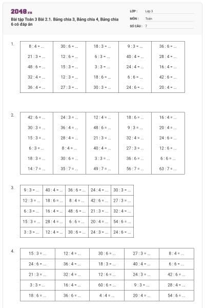 Bài tập Toán 3 Bài 2.1. Bảng chia 3, Bảng chia 4, Bảng chia 6 có đáp án