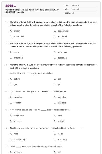 Đề thi thử tuyển sinh vào lớp 10 môn tiếng anh năm 2025 - Sở GD&ĐT Hưng Yên