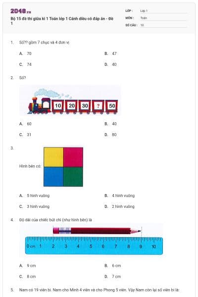 Bộ 15 đề thi giữa kì 1 Toán lớp 1 Cánh diều có đáp án - Đề 1