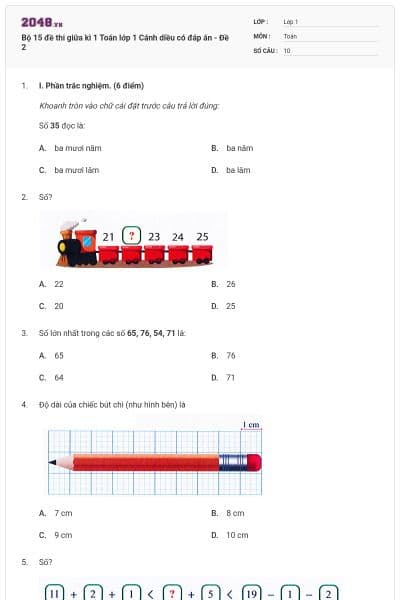Bộ 15 đề thi giữa kì 1 Toán lớp 1 Cánh diều có đáp án - Đề 2
