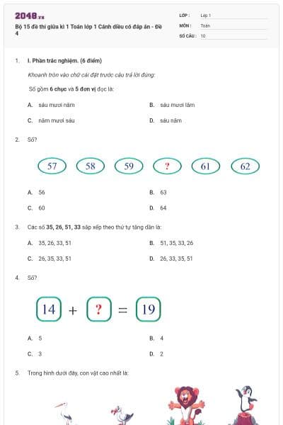 Bộ 15 đề thi giữa kì 1 Toán lớp 1 Cánh diều có đáp án - Đề 4