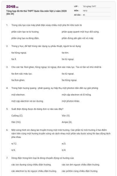 Tổng hợp đề thi thử THPT Quốc Gia môn Vật Lí năm 2020 (Đề 34)