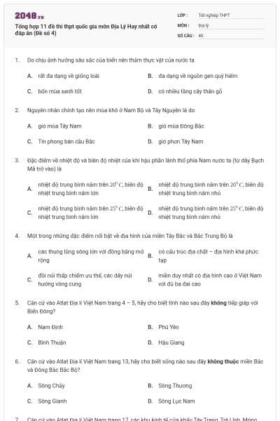Tổng hợp 11 đề thi thpt quốc gia môn Địa Lý Hay nhất có đáp án (Đề số 4)