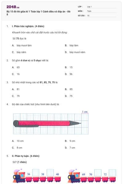 Bộ 15 đề thi giữa kì 1 Toán lớp 1 Cánh diều có đáp án - Đề 8